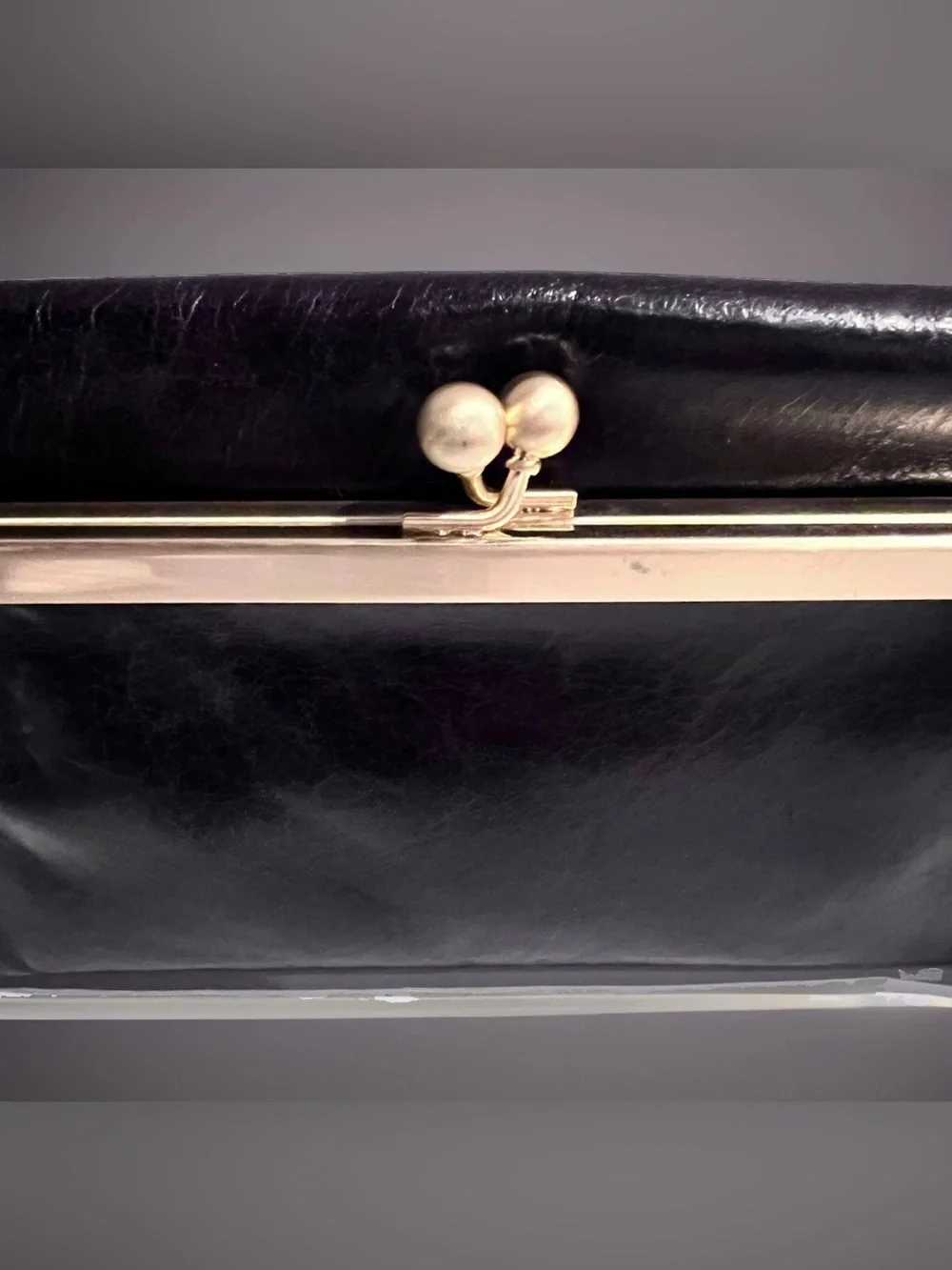 HOBO RACHEL Continental Wallet Black Leather Kiss-Lock Clutch Bag Magnetic Retro